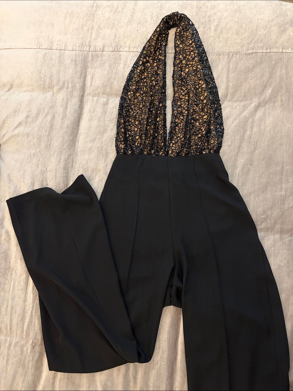 Beulah Black Halter Lace-Front Wide-Leg Jumpsuit with black lace over nude